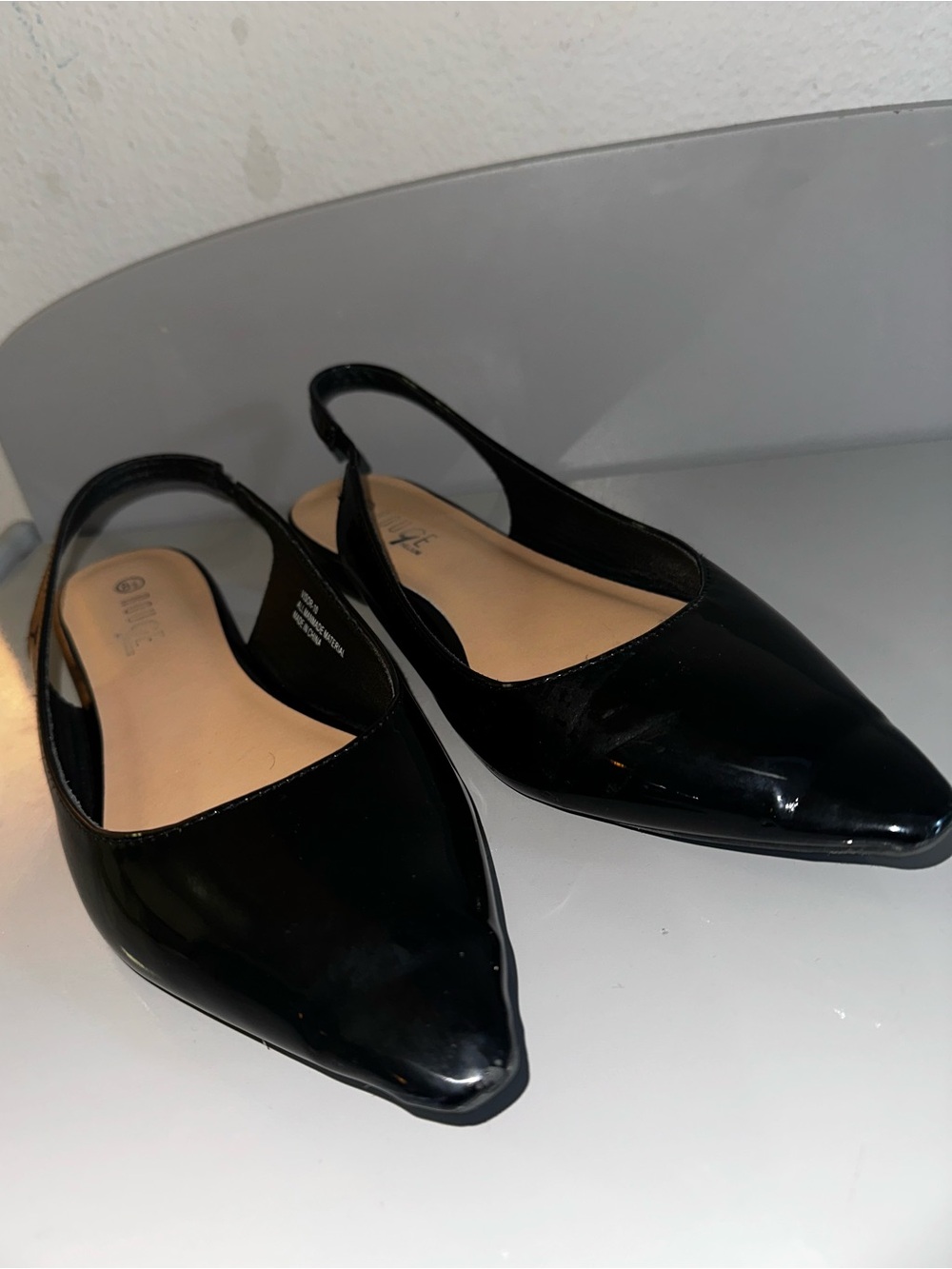 Rouge Helium Black Patent Pointed Toe Slingback Flats